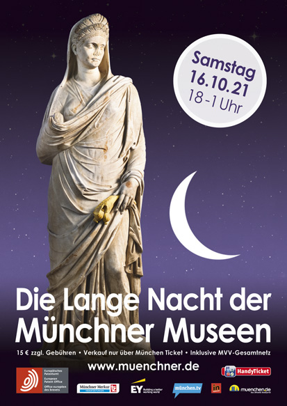 Plakat zur Langen Nacht der Münchner Museen 2021. Statue einer römischen Matrona