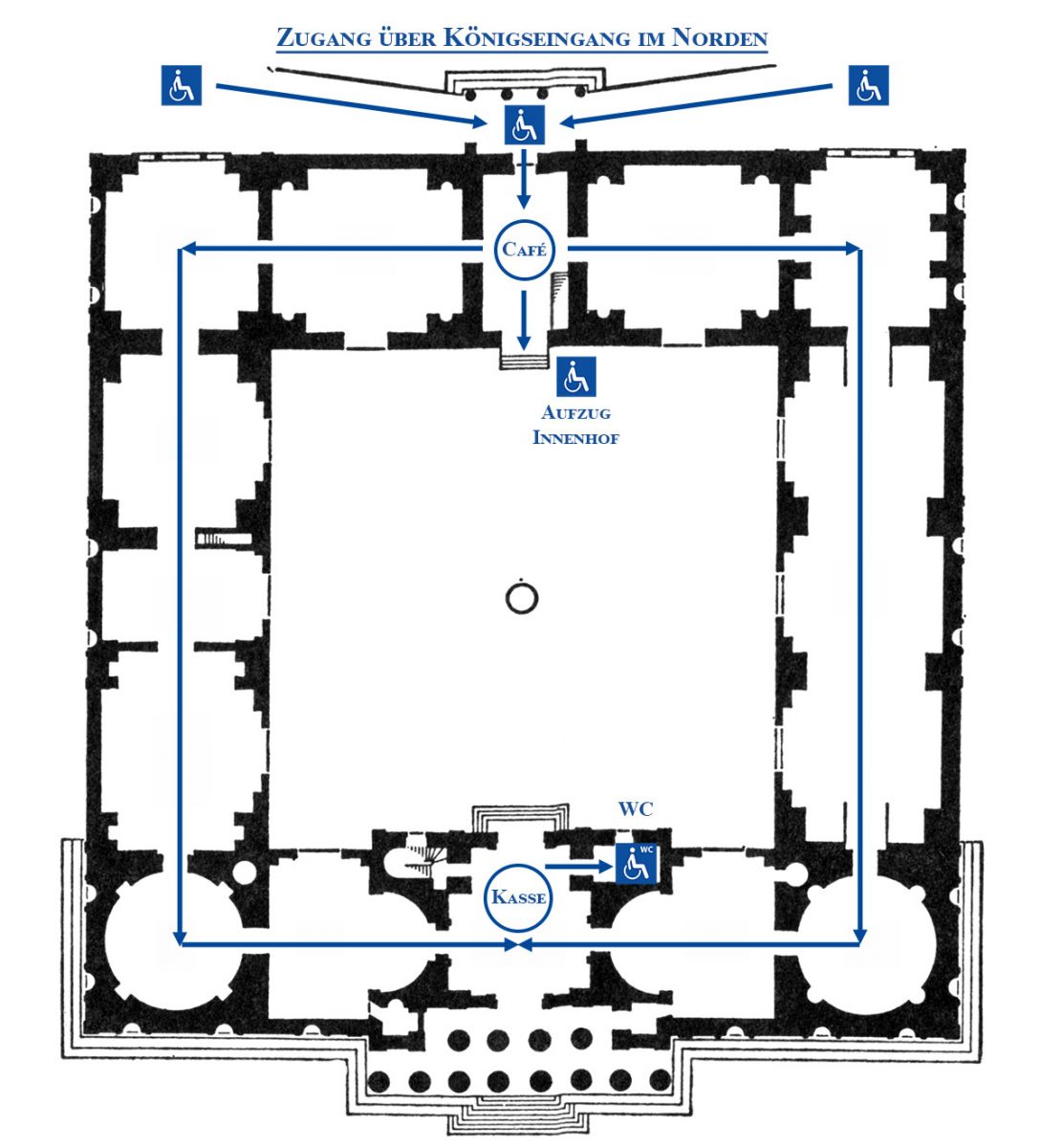 Grundriss des Museum mit Wegführung für Rollstuhlfahrer