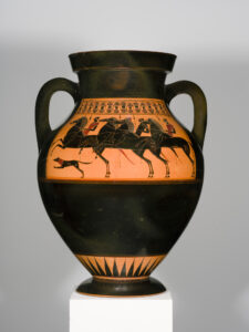 Ausritt zur Jagd. Die Bauchamphore wurde vom berühmten Amasis-Maler dekoriert. Aus Athen, 550/540 v. Chr.